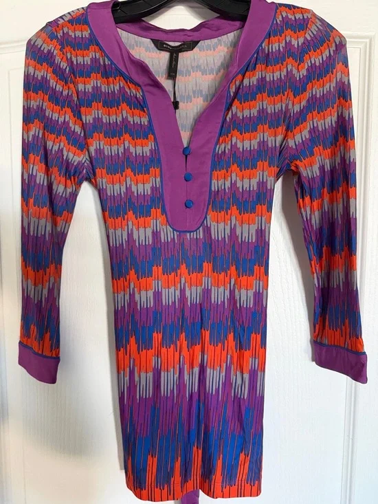 BCBGMaxAzria Purple-Trim Multicolor Patterned Tunic. - Picture 5 of 10